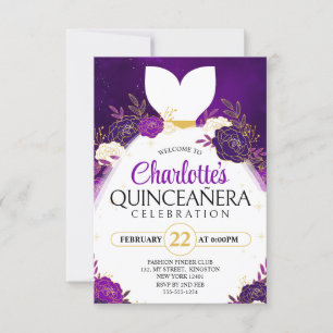 Invitación Vestido de Princesa Blanca Floral Quinceañera Mora