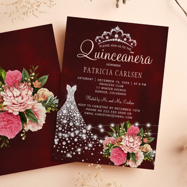 Invitación Vestido de princesa de diamante burgundy chic quin (Subido por el creador)