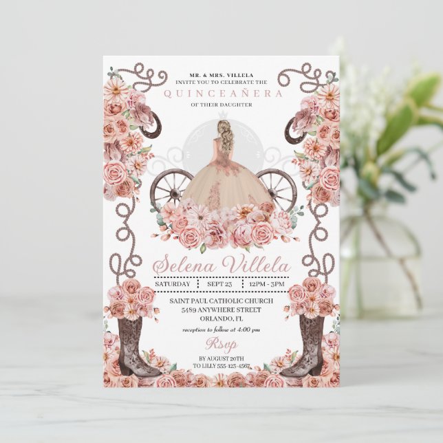 Invitación Vestido de princesa de oro Rosa y botes Quinceañer (Anverso de pie)