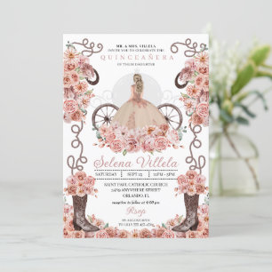 Invitación Vestido de princesa de oro Rosa y botes Quinceañer