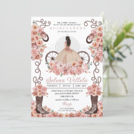Invitación Vestido de princesa de oro Rosa y botes Quinceañer