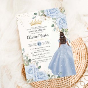 Invitación Vestido de princesa floral azul bebé Quinceañera Q