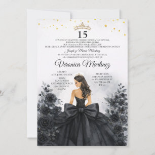 Invitación Vestido de Princesa Floral Negro Español Dulces 15