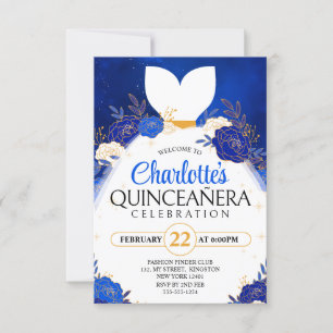 Invitación Vestido de Princesa Floral Quinceañera Azul Real