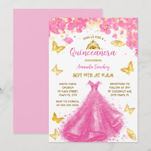 Invitación Vestido de princesa floral quinceañera rosa y tiar