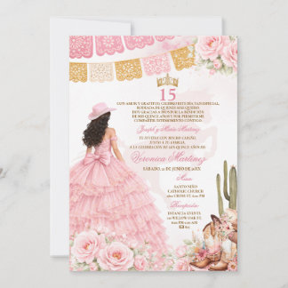 Invitación Vestido de princesa floral rosa español Dulces 15 
