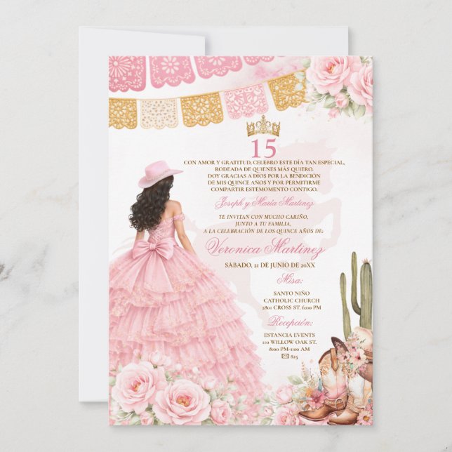 Invitación Vestido de princesa floral rosa español Dulces 15  (Anverso)