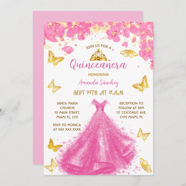Invitación Vestido de princesa floral rosa Quinceanera y tiar (Anverso / Reverso)