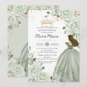 Invitación Vestido de princesa floral verde salvia Quinceañer