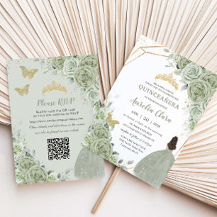 Invitación Vestido de Princesa Floral Verde Salvia Quinceañer