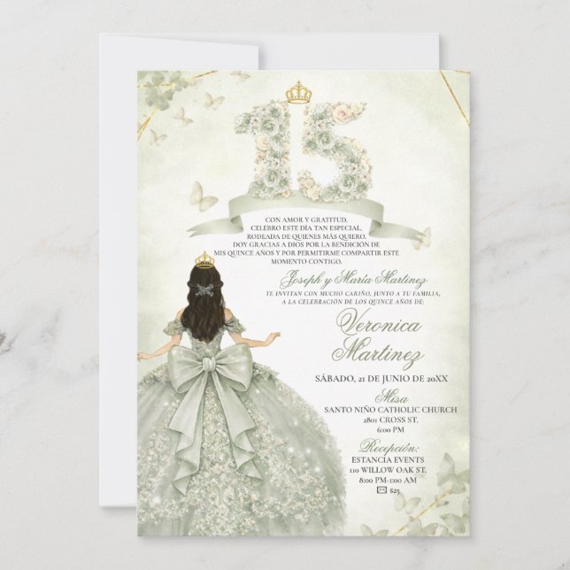 Invitación Vestido de Princesa Flores Verde Salvia Español 15 (Anverso)