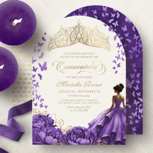 Invitación Vestido de Princesa Púrpura Mariposas Quinceañera
