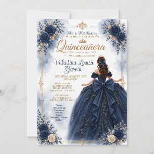 Invitación Vestido de Princesa Quinceañera Azul con Corona Fl