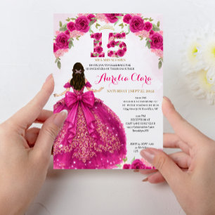 Invitación Vestido de princesa rosa floral Coquette Quinceañe