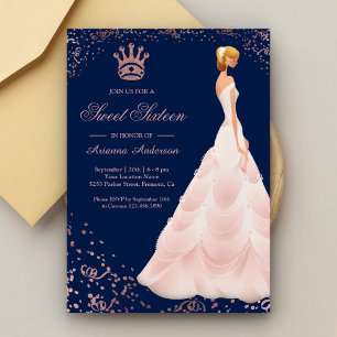 Invitación Vestido de Princesa Rose Gold Azul para Sweet Sixt