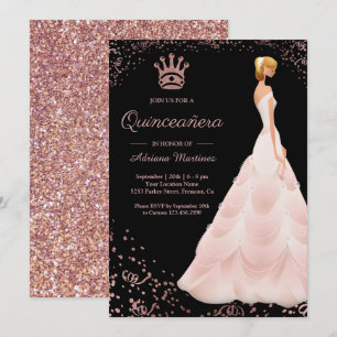 Invitación Vestido de Princesa Rose Gold Negro Quinceañera