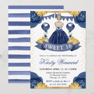 Invitación Vestido de Princesa Rubia de Acuarela Navy Dulces