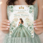 Invitación Vestido de princesa verde salvia floral Quinceañer<br><div class="desc">Invitación editable de Quinceañera con vestido de princesa verde salvia floral dorada
Vestido de princesa elegante verde salvia con flores blancas y brillo dorado Invitación Mis Quince
Quinceañera 15 años,  cumpleaños 16</div>