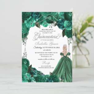 Invitación Vestido de princesa verde y plateada Tiara Quincea