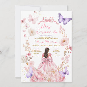 Invitación Vestido de princesa XV floral rosa mariposa elegan