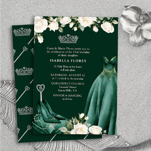 Invitación Vestido de Princesa y Rosas Verde Quinceañera Misa