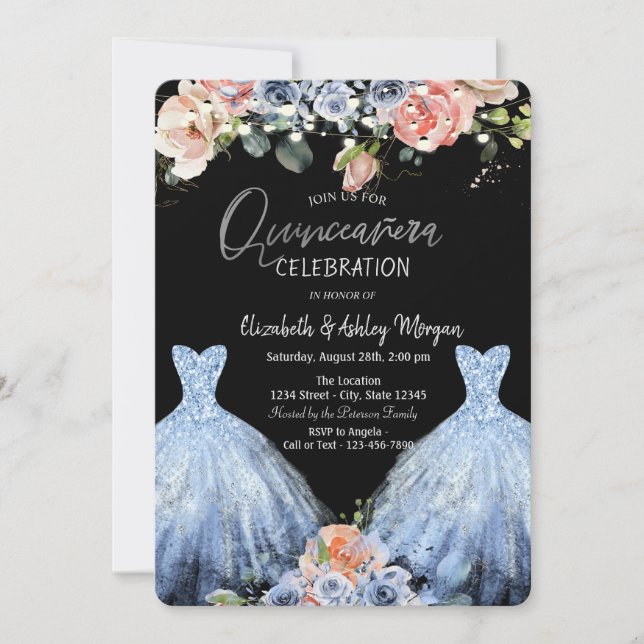 Invitación Vestido de Purpurina azul de Rosas azules de Rubor (Anverso)