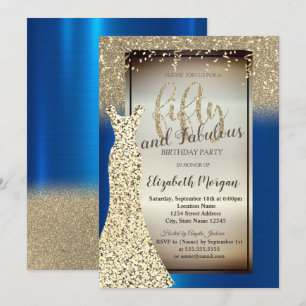 Invitación Vestido de purpurina, Confeti Azul Real Cumpleaños