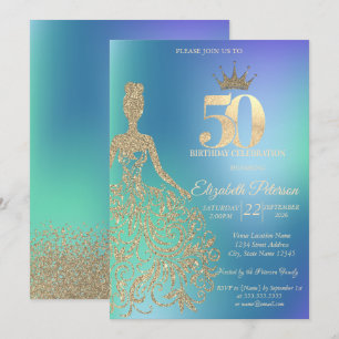 Invitación Vestido de purpurina, diamantes azul ombre 50 cump