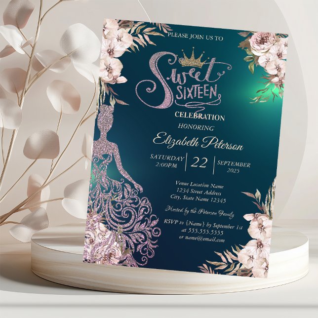 Invitación Vestido de purpurina, diamantes flores verde Dulce (Subido por el creador)