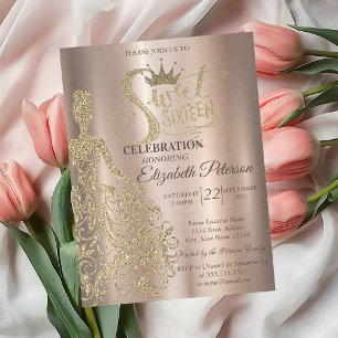 Invitación Vestido de Purpurina Dorada de Lujo, Diadema, Diam