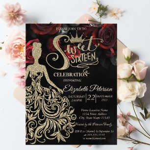 Invitación Vestido de purpurina dorada,Diadema,Rosas rojas Gó