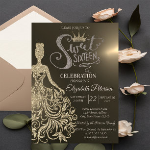 Invitación Vestido de purpurina dorada, Diamantes Dulces 16 d