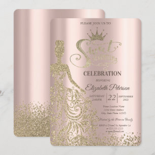 Invitación Vestido de purpurina dorada, diamantes rosa dorada