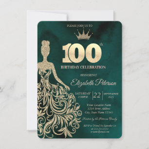Invitación Vestido de purpurina dorada, diamantes verdes cump