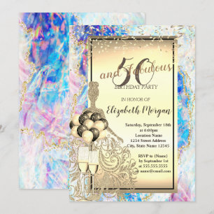 Invitación Vestido de purpurina dorada, globos, Cumpleaños 50