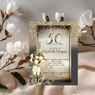 Invitación Vestido de purpurina dorada, globos, fiesta de cum
