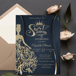 Invitación Vestido de purpurina dorada Tiara Azul Marino Quin
