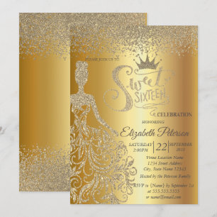 Invitación Vestido de purpurina dorada, Tiara, Diamantes Dulc