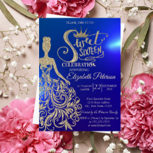 Invitación Vestido de purpurina dorada, Tiara, Diamantes Dulc