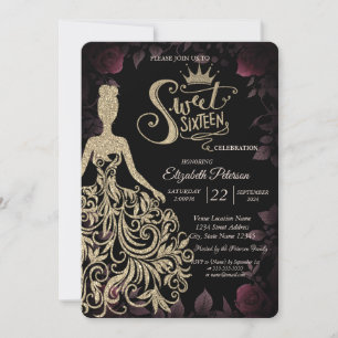 Invitación Vestido de purpurina dorada, Tiara, Rosas oscuras