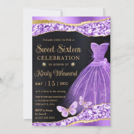 Invitación Vestido de purpurina dorada y lila acuarela Dulces