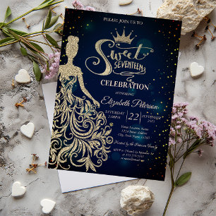 Invitación Vestido de Purpurina Dorado, Diadema, Diamantes Du