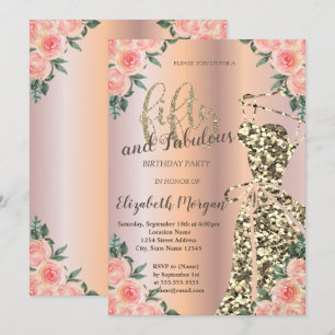 Invitación Vestido de purpurina, floral rosa dorado Cumpleaño