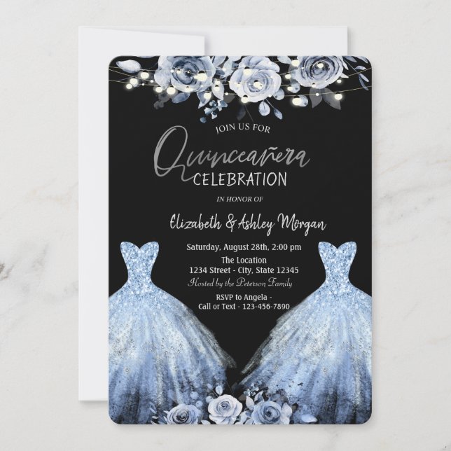 Invitación Vestido de purpurina Flores Azules (Anverso)