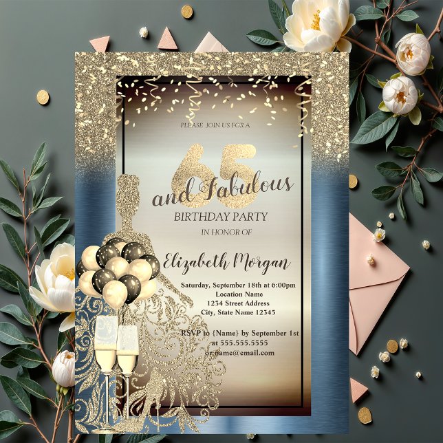 Invitación Vestido de purpurina, globos, Cumpleaños 65 de azu (Subido por el creador)