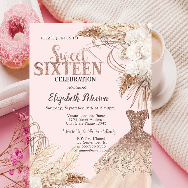 Invitación Vestido de purpurina, hierba de Pampas, flores boh (Subido por el creador)