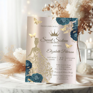 Invitación Vestido de purpurina, mariposa verde rosas Sweet 1