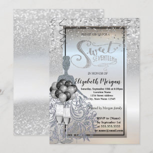 Invitación Vestido de Purpurina Plateada, Vidrio, Globos Dulc