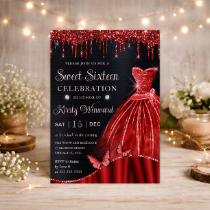 Invitación Vestido de purpurina roja acuarela Sweet Sixteen
