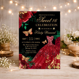 Invitación Vestido de purpurina roja acuarela y rosas dulces 